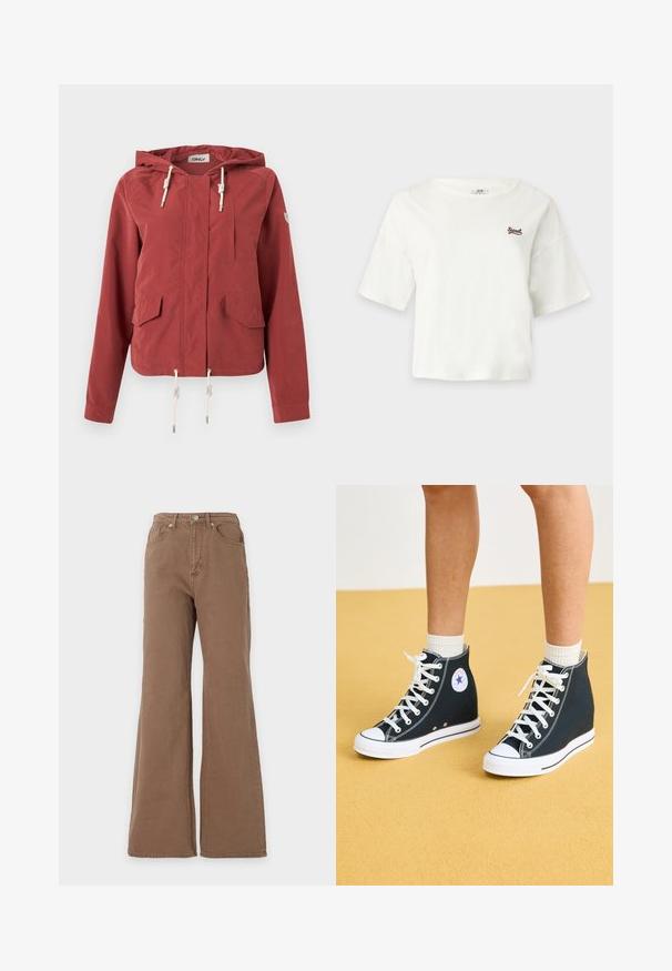 Rustfarvet hættejakke med lynlås foran, to klaplommer, brystlomme og justerbare snore i hætten og i kanten.; Hvid kortærmet cropped t-shirt med rund hals og lille brun "Sweet" tekst på venstre bryst.; Brune jeans med høj talje og udvidede ben, foran lukkes med knapper samt foran og bagpå lommer, vist mod en ensfarvet baggrund.; Høje sneakers i mørkeblåt kanvas med hvide gummisåler, snørebånd og detaljer. Har et rundt logo og hvide syninger.