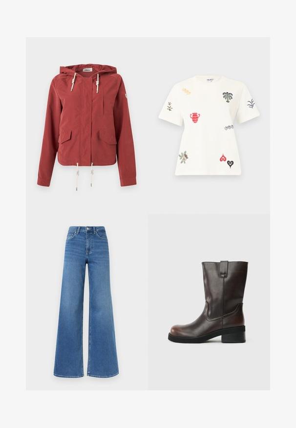 Veste à capuche rouge rouille avec fermeture éclair à l'avant, deux poches à rabat, une poche poitrine et des cordons réglables à la capuche et à l'ourlet.; Haut blanc à manches courtes avec des motifs brodés colorés comprenant des palmiers, un vase, des feuilles, des cœurs et des formes abstraites éparpillés sur le tissu.; Jean en denim bleu taille haute avec jambes larges, fermeture avant à boutons et fermeture éclair, ainsi que poches avant et arrière.; Bottine en cuir marron avec un bout rond, un talon bloc de hauteur intermédiaire et des détails de couture subtils. Dispose d'une languette latérale pour un enfilage facile.