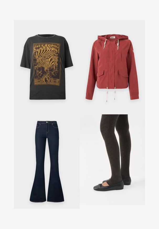 Veste à capuche rouge rouille avec fermeture éclair à l'avant, deux poches à rabat, une poche poitrine et des cordons réglables à la capuche et à l'ourlet.; T-shirt en coton noir avec un imprimé graphique doré de squelettes et de texte, à coupe décontractée et manches courtes.; Jean en denim bleu foncé taille haute avec jambes évasées, bouton et zip à l'avant, et conception à cinq poches.; Jambes portant des leggings côtelés foncés associés à des ballerines noires avec de petits détails en nœud sur fond blanc.