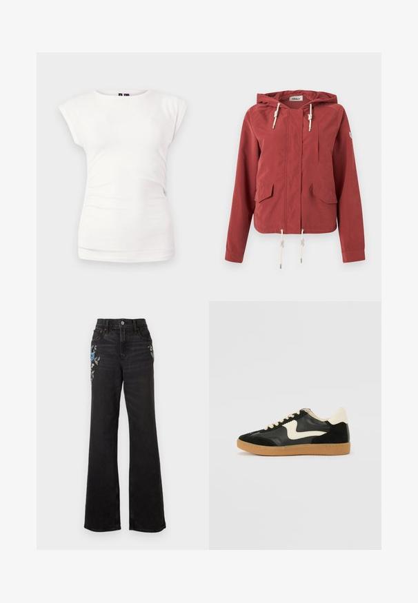 Veste à capuche rouge rouille avec fermeture éclair à l'avant, deux poches à rabat, une poche poitrine et des cordons réglables à la capuche et à l'ourlet.; T-shirt blanc ajusté à manches courtes avec col rond sur fond uni, avec un léger détail froncé sur le côté.; Jeans noirs taille haute à jambes larges avec des motifs floraux brodés bleus et blancs sur le haut des cuisses et un style à cinq poches.; Baskets en daim et cuir noir avec un swoosh latéral crème et un talon crème clair. Dotées de lacets beige et d'une semelle en caoutchouc gomme.