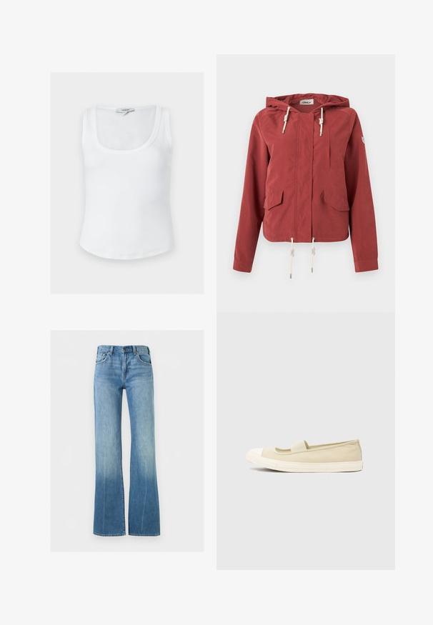 Veste à capuche rouge rouille avec fermeture éclair à l'avant, deux poches à rabat, une poche poitrine et des cordons réglables à la capuche et à l'ourlet.; Débardeur blanc côtelé sans manches avec encolure dégagée et étiquette Topshop à l'arrière du col intérieur, présenté sur un fond uni.; Jean en denim bleu clair avec une taille haute et des jambes évasées, doté de poches avant et d'une fermeture à boutons.; Chaussures beiges à enfiler avec une semelle en caoutchouc, bout rond en blanc, bande élastique sur le cou-de-pied et dessus en textile lisse.