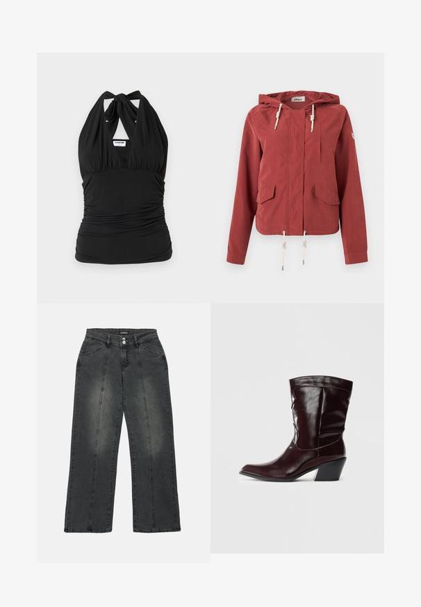 Rustfarvet hættejakke med lynlås foran, to klaplommer, brystlomme og justerbare snore i hætten og i kanten.; Noisy May NMBELLA HALTERNECK - Top - black; Viddejeans i mørkegrå denim med høj talje, to frontlommer, midtersøm og diskret falmning på stoffet.; Bordeaux læder ankelstøvler med spids tå, tekstureret overflade og en lav, taperet hæl. Har diskrete søm og en tætsiddende pasform.