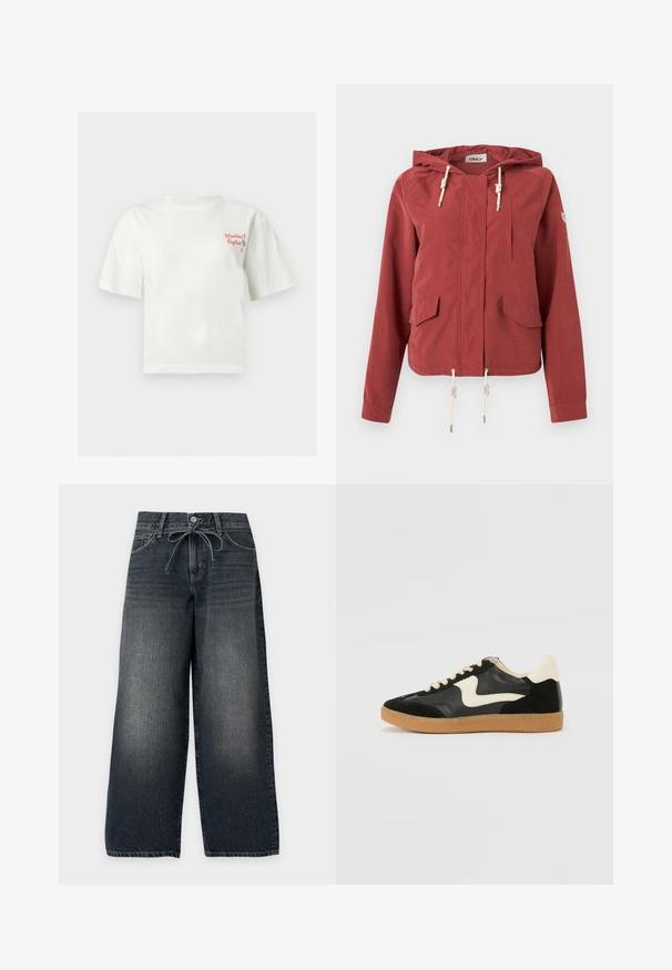 Kaputzenjacke in Rostrot mit Frontreißverschluss, zwei Klappentaschen, Brusttasche und verstellbaren Kordeln an Kapuze und Saum.; Weißes T-Shirt mit kurzen Ärmeln, kleinem roten Text "Martini & Oysters" und einer Grafik eines Martiniglashalters auf der linken Brust.; Weit geschnittene dunkelgraue Denim-Jeans mit Frontknöpfen, Vordertaschen und einem gebundenen Kordelzug in der Taille.; Schwarze Wildleder- und Leder-Sneaker mit einem cremefarbenen Seiten-Swoosh und einer hellcremefarbenen Ferse. Ausgestattet mit beige Schnürsenkeln und einer Gummilaufsohle.