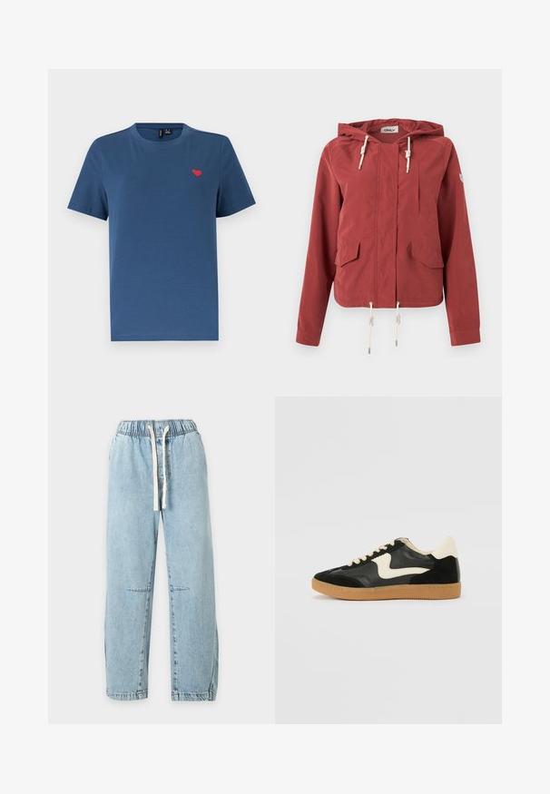 Veste à capuche rouge rouille avec fermeture éclair à l'avant, deux poches à rabat, une poche poitrine et des cordons réglables à la capuche et à l'ourlet.; T-shirt bleu à manches courtes et col rond avec un petit emblème en forme de cœur rouge sur le côté gauche de la poitrine, sur un fond blanc uni.; Pantalon en denim bleu clair avec taille élastique et cordon blanc, jambes droites et détails subtils sur les coutures aux genoux.; Baskets en daim et cuir noir avec un swoosh latéral crème et un talon crème clair. Dotées de lacets beige et d'une semelle en caoutchouc gomme.