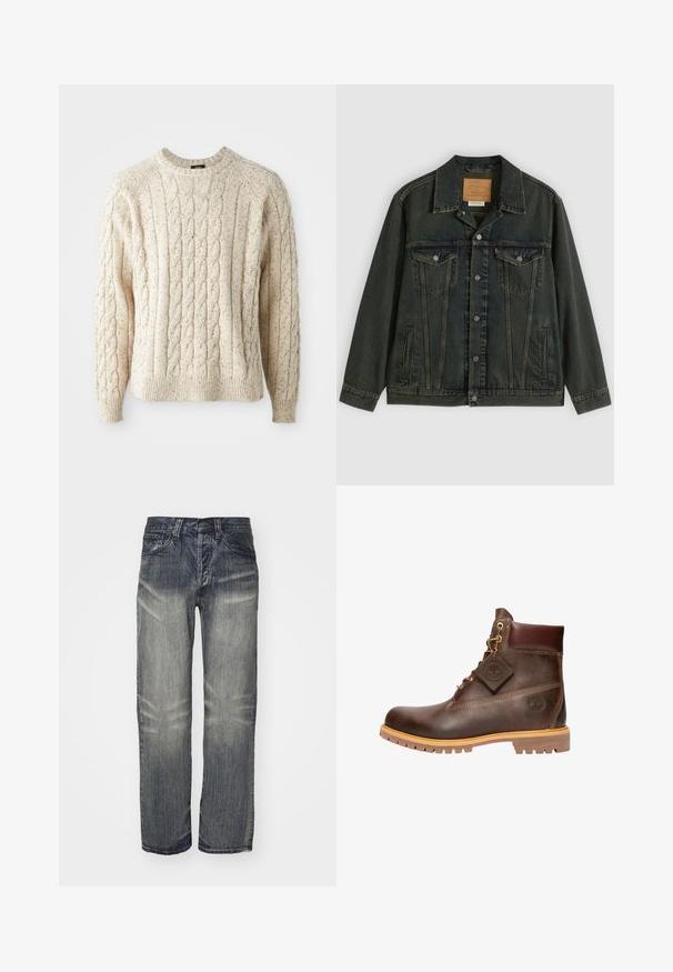 Dunkelgrüne Jeansjacke mit klassischem Schnitt, zwei Brusttaschen, Metallknöpfen und einem Aufnäher am inneren Kragen.; Cremfarbener Kabelstrickpullover mit Rundhalsausschnitt, strukturiertem Muster und gerippten Bündchen und Saum. Hergestellt aus weicher, dicker Wolle.; Dunkelblaue Denim-Jeans mit einer lockeren Passform, verwaschen, mit fünf Taschen und einem Knopfverschluss. Gerades Bein-Design; strukturiertes Material.; Braune Leder-Ankelstiefel mit runder Zehenpartie, robuster Sohle, goldfarbener Hardware und strukturiertem Obermaterial. Enthält ein angehängtes Logo-Tag.