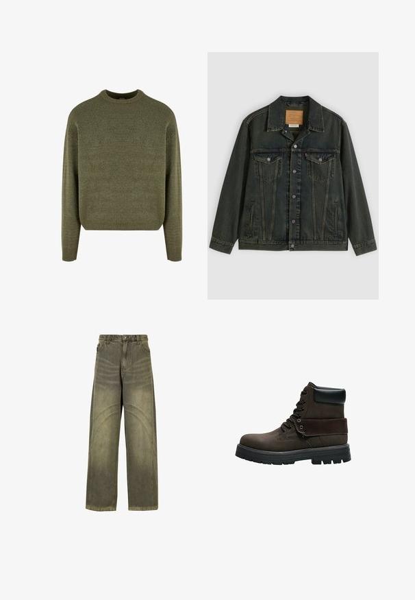 Mørkegrøn denimjakke med klassisk snit, to brystlommer, metalknapper og et mærkepatch på den indvendige krave.; Grøn uldblandings sweater med rund hals, ribbede manchetter og kant, samt en blød, struktureret finish. Klassisk, afslappet pasform med sænkede skuldre.; Bredde ben jeans i olivengrøn denim med buede søm-detaljer, klassisk knaplukning og en falmet finish.; Mørkebrun snørestøvle til anklen med sort polstret krave, tyk sort gummisål og foldet manchet-detalje.