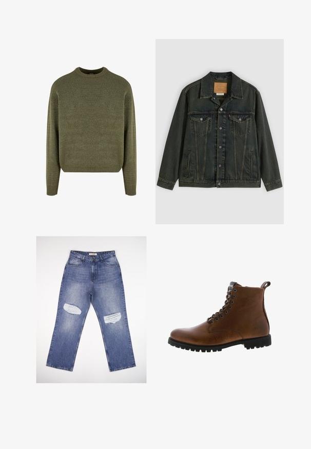 Mørkegrøn denimjakke med klassisk snit, to brystlommer, metalknapper og et mærkepatch på den indvendige krave.; Grøn uldblandings sweater med rund hals, ribbede manchetter og kant, samt en blød, struktureret finish. Klassisk, afslappet pasform med sænkede skuldre.; Lyseblå denimjeans med høj talje, lige ben og to slidte pletter foran. Klassisk design med fem lommer.; Brune læder ankelstøvler med tekstureret overflade, metaløjer og sort gummisål. Har en træktab bagpå for nem påtagning.
