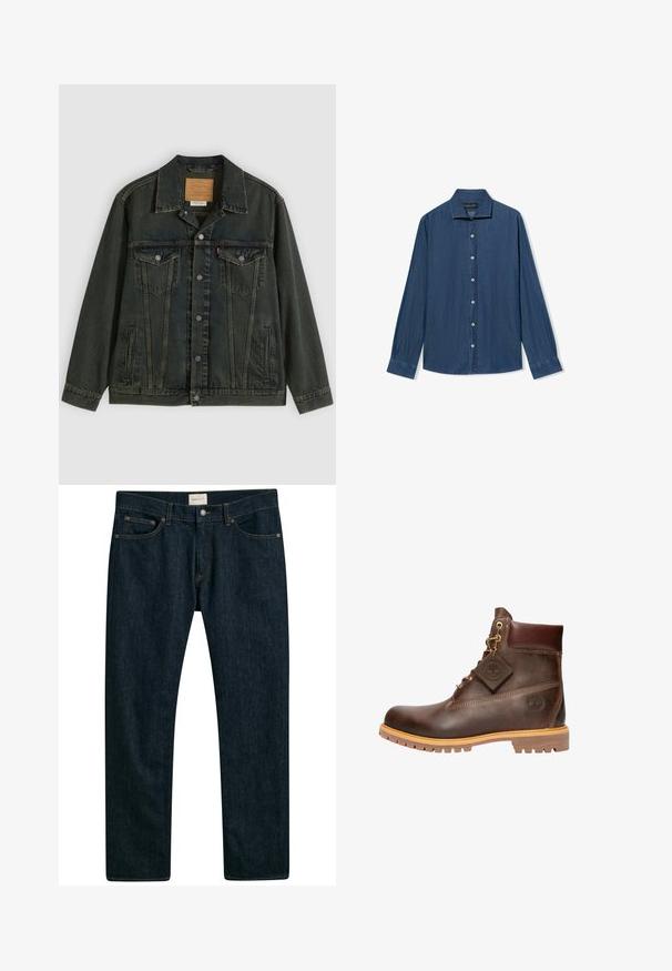 Donkergroene spijkerjas met een klassieke snit, twee borstzakken, metalen knopen en een patch-label aan de binnenkant van de kraag.; Een denim overhemd met lange mouwen en knopen, voorzien van een puntige kraag en witte knopen, vlak op een witte achtergrond gelegd.; Donkerblauwe denim jeans met een recht model, vijf zakken en contrasterende stiksels op de naden. Gladde stofstructuur.; Bruine leren enkelboot met een ronde neus, stevige zool, hardware in goudkleur en een gestructureerde bovenkant. Inclusief een merklabel dat is bevestigd.