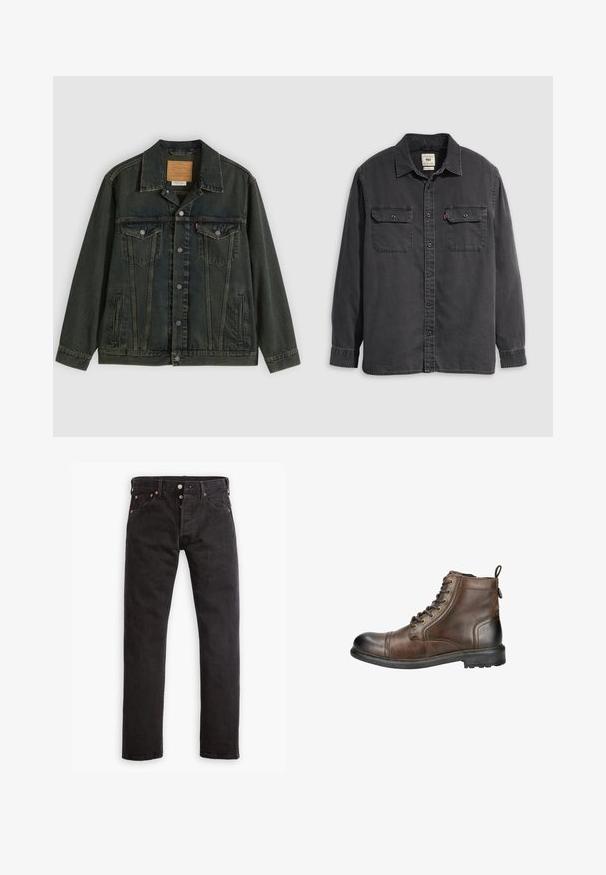 Dunkelgrüne Jeansjacke mit klassischem Schnitt, zwei Brusttaschen, Metallknöpfen und einem Aufnäher am inneren Kragen.; Schwarzes Langarmhemd mit durchgeknöpftem Vorderteil, Kragen und zwei Brusttaschen. Hergestellt aus Baumwolle mit weicher Textur und entspanntem Schnitt.; Schwarze Slim-Fit-Jeans mit Knopfverschluss, fünf Taschen und kupferfarbenen Nieten flach auf einem weißen Hintergrund ausgelegt.; Braune Leder-Ankle Boots mit einer abgerundeten Spitze, Schnürung vorne und einer Schlaufe zum Anziehen hinten. Mit einer robusten Sohle mit Profil für besseren Halt.