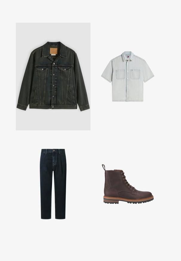 Dunkelgrüne Jeansjacke mit klassischem Schnitt, zwei Brusttaschen, Metallknöpfen und einem Aufnäher am inneren Kragen.; Hellblaues Jeanshemd mit kurzen Ärmeln, zwei Fronttaschen, Knopfleiste und kleinem Logo auf der linken Tasche sowie am Kragenetikett.; Dunkelblaue Denim-Hosen mit lockerer Passform, hoher Taille, Falten, Frontknopfverschluss und goldfarbener Kontrastnaht.; Braune Leder-Stiefeletten mit Schnürung, strukturierter Oberfläche, kontrastierenden beigen Sohlen und Metallösen. Verfügen über eine Lasche zum einfachen An- und Ausziehen.