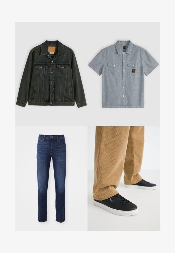 Veste en denim vert foncé avec une coupe classique, deux poches poitrine, des boutons en métal et une étiquette cousue sur le col intérieur.; Chemise à manches courtes avec boutons, fines rayures verticales bleues et blanches, deux poches poitrine boutonnées et un petit écusson logo rectangulaire sur la poche gauche.; Jean en denim bleu foncé avec une coupe droite, comprenant un design classique à cinq poches et un fermoir à bouton en métal. Détails de décoloration subtils sur le tissu.; Baskets en cuir noir avec des semelles en caoutchouc blanches. Portées avec un pantalon en velours côtelé beige à côtes verticales et à coupe décontractée.