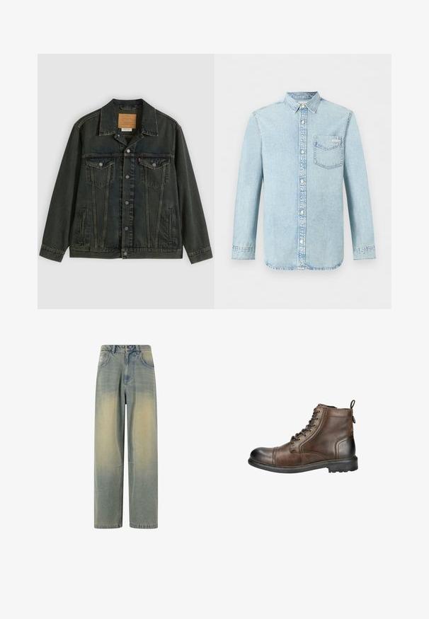 Mørkegrøn denimjakke med klassisk snit, to brystlommer, metalknapper og et mærkepatch på den indvendige krave.; Lyseblå denim-skjorte med lange ærmer, knaplukning foran, enkelt brystlomme med Calvin Klein-logo og spids krave.; Lyseblå denim wide-leg jeans med en falmet gradient, som har fem lommer og en klassisk talje med bæltestropper.; Brune læder ankelstøvle med rund tå, snørebånd fortil og et hævet træk ved hælen. Har en robust sål med mønster for godt fodfæste.