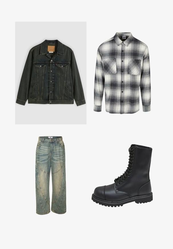 Veste en denim vert foncé avec une coupe classique, deux poches poitrine, des boutons en métal et une étiquette cousue sur le col intérieur.; Chemise en flanelle à carreaux noirs, blancs et gris. Comprend deux poches avant, une fermeture à boutons et des manches longues avec des poignets à boutons.; Jean large bleu clair avec une taille haute, présentant des détails de coutures courbes et des ourlets terminés. Fabriqué en denim avec des zones délavées.; Botte de combat en cuir noir avec un haut tige, fermeture lacée à l'avant, col rembourré et semelle texturée robuste pour une meilleure adhérence. Dotée d'un capuchon de protection renforcé.