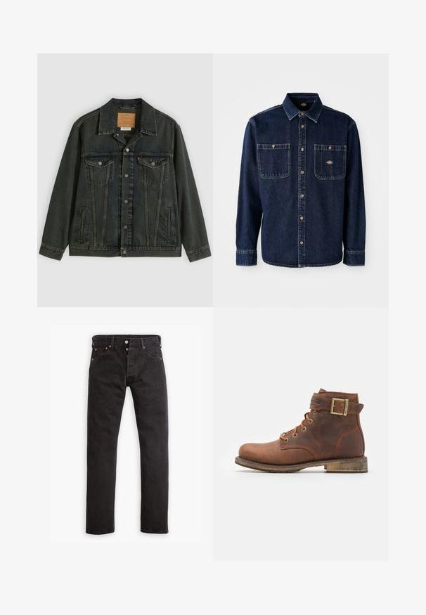 Mørkegrøn denimjakke med klassisk snit, to brystlommer, metalknapper og et mærkepatch på den indvendige krave.; Mørkeblå denimskjorte med krave, knaplukning fortil, to brystlommer, gyldne knapper og synlige sømme. Har et mærkelogo.; Sorte slim-fit jeans med knapåbning, fem lommer og kobbernitter liggende fladt på en hvid baggrund.; Harley Davidson VNTGMOTO SHORT RIDING APPROVED - Cowboy- / bikerstøvlette - brown