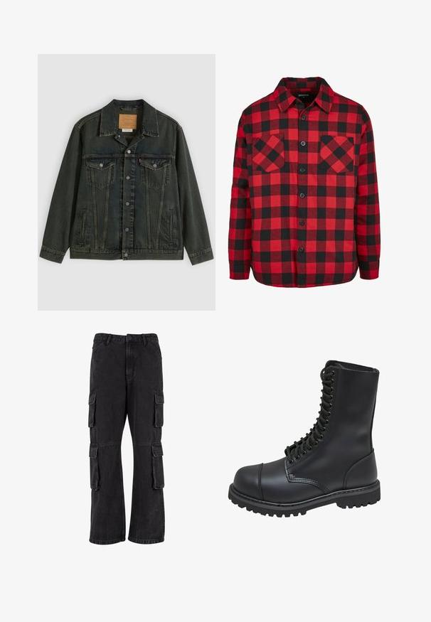 Dunkelgrüne Jeansjacke mit klassischem Schnitt, zwei Brusttaschen, Metallknöpfen und einem Aufnäher am inneren Kragen.; Rot- und Schwarzkariertes Flanellhemd mit Knopfdesign, ausgestattet mit zwei Brusttaschen und einem Kragen. Hergestellt aus strukturiertem Baumwollstoff.; Schwarze Cargo-Hosen aus Denim, mit lockerer Passform, mehreren Seitentaschen und genähten Details. Die Textur ist leicht verblasst.; Schwarze Lederkampfstiefel mit hohem Schaft, Schnürung an der Vorderseite, gepolstertem Kragen und rutschfester, strukturierter Sohle für guten Halt. Mit verstärkter Zehenkappe.