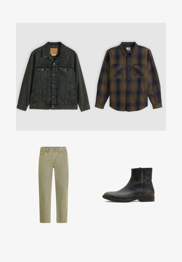 Σκούρο πράσινο denim μπουφάν με κλασική κοπή, δύο τσέπες στο στήθος, μεταλλικά κουμπιά και πλακέτα ετικέτα στο εσωτερικό γιακά.; Πουκάμισο με μακριά μανίκια, καρό σχέδιο σε καφέ και σκούρο μπλε, με δύο τσέπες στο στήθος με κουμπιά, απλωμένο επίπεδο σε λευκό φόντο.; Πράσινα τζιν παντελόνια από ντένιμ με ψηλή μέση, ίσια γραμμή στα πόδια, τσέπες μπροστά και διακριτική ξεθώριαση. Διαθέτουν κλείσιμο με μεταλλικό κουμπί και ραμμένες ραφές.; AllSaints LANG - Κλασικές μπότες αστραγάλου - brown