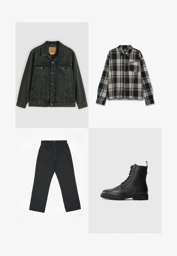 Veste en denim vert foncé avec une coupe classique, deux poches poitrine, des boutons en métal et une étiquette cousue sur le col intérieur.; Chemise en flanelle à carreaux noirs et crème, à manches longues, avec une fermeture à boutons, une poche poitrine simple et un logo brodé discret sur la poche.; Jean noir à coupe droite avec cinq poches et une fermeture éclair, posé à plat sur un fond blanc, étiqueté "2Y STUDIOS" à la taille.; Bottine en cuir noir avec bout rond, design à lacets et œillets métalliques. Dispose d'une semelle texturée et d'une languette au talon pour un enfilage facile.
