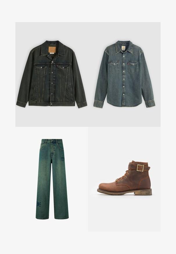 Chaqueta vaquera de color verde oscuro con corte clásico, dos bolsillos en el pecho, botones de metal y una etiqueta de parche en el cuello interior.; Camisa de denim de manga larga, con botones en la parte delantera, dos bolsillos en el pecho y un lavado azul oscuro. Presenta un cuello con puntas y costuras de contraste.; Jeans de pierna ancha en denim azul oscuro con una sutil textura desgastada. Con bolsillos traseros y un detalle decorativo de logo.; Harley Davidson VNTGMOTO SHORT RIDING APPROVED - Botines camperos - brown