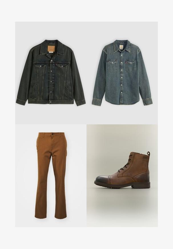 Chaqueta vaquera de color verde oscuro con corte clásico, dos bolsillos en el pecho, botones de metal y una etiqueta de parche en el cuello interior.; Camisa de denim de manga larga, con botones en la parte delantera, dos bolsillos en el pecho y un lavado azul oscuro. Presenta un cuello con puntas y costuras de contraste.; Pantalones rectos marrones de tela de mezcla de algodón, con cremallera, cierre de botón y bolsillos frontales. Textura suave, diseño casual.; Bota de cuero marrón con cordones hasta el tobillo, puntera negra, suela redonda y detalle de marca en el lateral sobre un fondo liso.