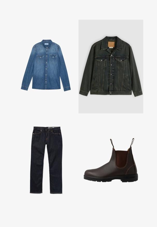 Mørkegrøn denimjakke med klassisk snit, to brystlommer, metalknapper og et mærkepatch på den indvendige krave.; Mørkeblå denimskjorte med lange ærmer, klassisk krave, knaplukning fortil, to brystlommer og kontrasterende stiklinger på sømmene.; Mørkeblå denim jeans med lige ben, der har fem lommer, orange syninger og en knaplukning i taljen.; Brun læder Chelsea-støvle med elastisk sidepanel, brun syning, trækstropper og en holdbar gummisål med et tekstureret mønster.