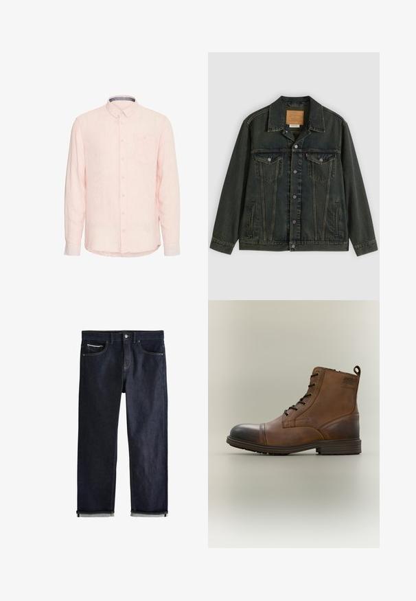 Mørkegrøn denimjakke med klassisk snit, to brystlommer, metalknapper og et mærkepatch på den indvendige krave.; Lyserød langærmet skjorte med knaplukning og lomme, stripet tekstur og kontrastfarvet krave. Har knapmanchetter og buet nederste kant.; Mørkeblå denimjeans med opsmøgede manchetter, knap- og lynlåslukning, for- og møntlommer samt kontrastsyning på hvid baggrund.; Brun læderstøvle med snørebånd, sort tåhætte, rund sål og mærket detalje på siden mod ensfarvet baggrund.
