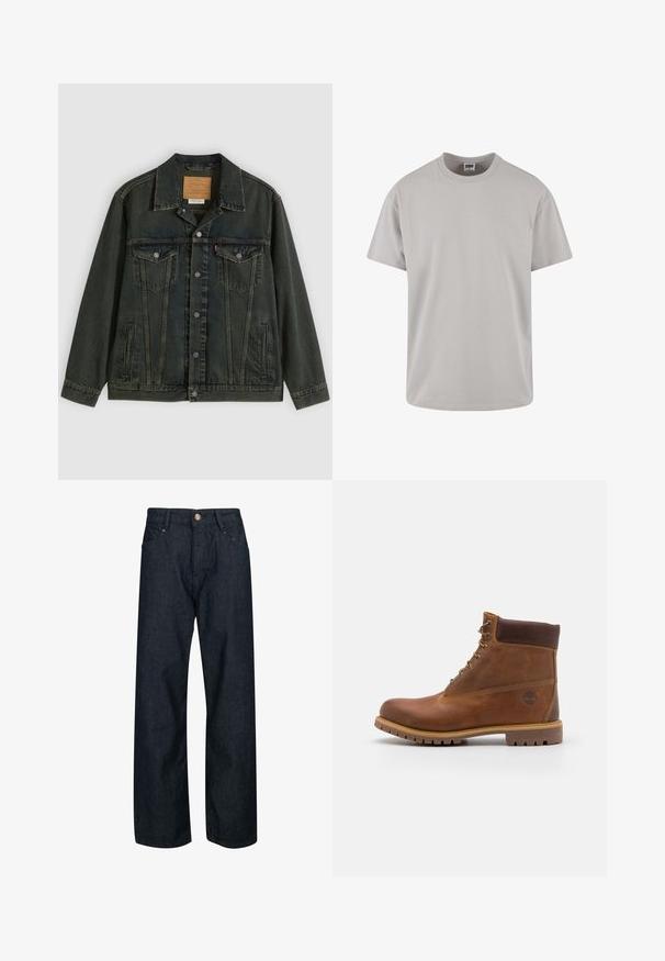 Veste en denim vert foncé avec une coupe classique, deux poches poitrine, des boutons en métal et une étiquette cousue sur le col intérieur.; T-shirt en coton gris clair, à manches courtes, col rond, coupe décontractée, texture lisse, sans motifs ni graphiques visibles. Design épuré.; Jean en denim bleu foncé avec une coupe droite, doté d'une fermeture par bouton, de cinq poches et de coutures contrastées sur les coutures.; Botte de randonnée en cuir marron avec une finition lisse, cheville rembourrée, œillets en métal et semelle en caoutchouc dotée d'un motif de crampons robuste.