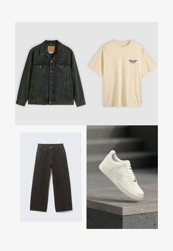 Veste en denim vert foncé avec une coupe classique, deux poches poitrine, des boutons en métal et une étiquette cousue sur le col intérieur.; T-shirt beige à manches courtes avec col rond et texte bleu marine « SURF & SWAP INVITATIONAL » sur la poitrine gauche.; Des jeans en denim noir à jambe large présentent une taille haute, un design à cinq poches et une fermeture à bouton. Le tissu a une finition douce et texturée.; Baskets en cuir blanc au design profilé, surface texturée, perforations sur le bout et accents argentés sur les lacets et le logo.