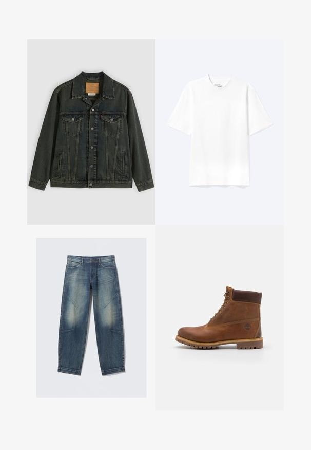 Dunkelgrüne Jeansjacke mit klassischem Schnitt, zwei Brusttaschen, Metallknöpfen und einem Aufnäher am inneren Kragen.; Schlichtes weißes T-Shirt mit kurzen Ärmeln und Rundhalsausschnitt in entspannter Passform, auf hellem Hintergrund dargestellt.; Hellblaue Jeans aus Denim mit lockerem Schnitt, verwaschenen Stellen, Fronttaschen und diagonalen Nahtakzenten. Gerader Beinverlauf.; Braune Lederwanderschuhe mit glatter Oberfläche, gepolstertem Knöchel, Metallösen und einer Gummisohle mit robustem Profil.