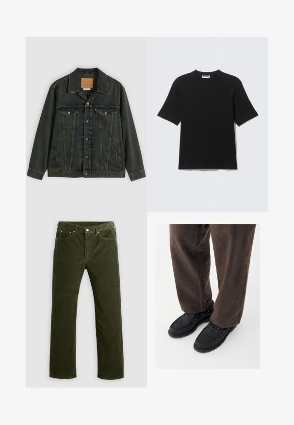 Σκούρο πράσινο denim μπουφάν με κλασική κοπή, δύο τσέπες στο στήθος, μεταλλικά κουμπιά και πλακέτα ετικέτα στο εσωτερικό γιακά.; Μαύρο κοντομάνικο T-shirt με στρογγυλή λαιμόκοψη και ετικέτα "WEEKDAY" στο εσωτερικό του γιακα, απλωμένο επίπεδα σε ανοιχτό φόντο.; Ελαιόχρωμο καμπαρντίνα παντελόνι με ίσια γραμμή, με μπροστινό κουμπί, φερμουάρ, θηλιές ζώνης και σχέδιο πέντε τσέπων σε άσπρο φόντο.; Μαύρα δερμάτινα παπούτσια με λείο φινίρισμα, στρογγυλεμένη μύτη και δέσιμο με κορδόνια, σε συνδυασμό με καφέ παντελόνια με υφή. Θέα από χαμηλά.