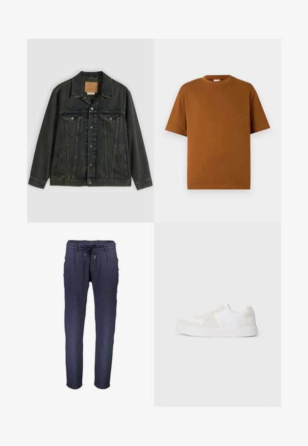 Mørkegrøn denimjakke med klassisk snit, to brystlommer, metalknapper og et mærkepatch på den indvendige krave.; Brun kortærmet t-shirt lavet af blødt stof, med rund halsudskæring og afslappet pasform med lige kant. Ingen synlige mønstre eller accenter.; Mørkeblå, tapered bukser lavet af struktureret stof, med en elastisk talje med justerbar snøre og sidelommer.; Sko med en hvid og lys beige farveskema, der har en overdel i ruskind og mesh, rund tå, flad hvid sål og diskrete logo-detaljer.