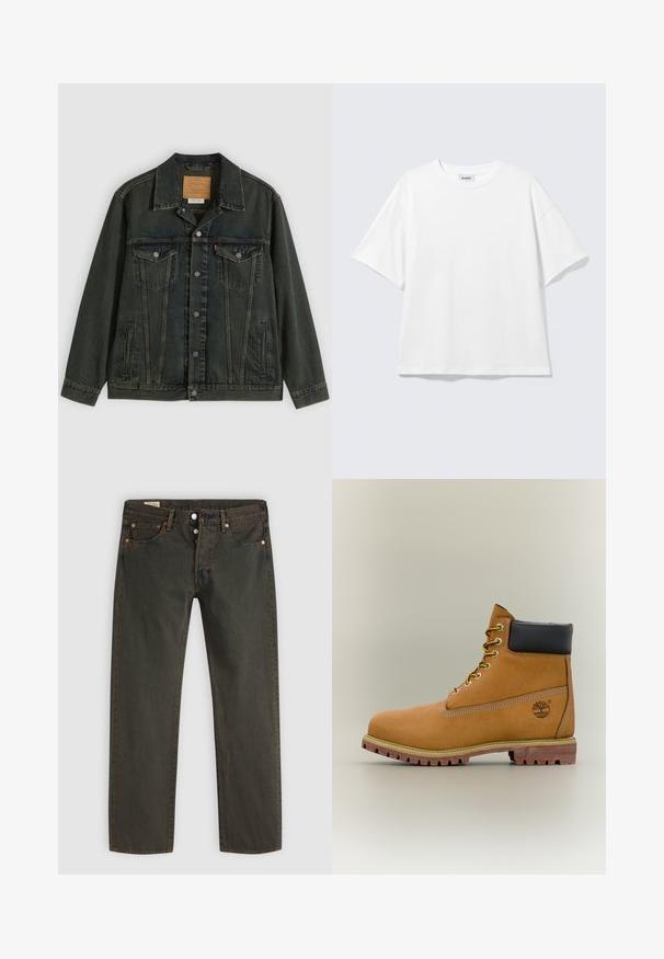 Veste en denim vert foncé avec une coupe classique, deux poches poitrine, des boutons en métal et une étiquette cousue sur le col intérieur.; T-shirt blanc oversize à manches courtes, col rond, épaules tombantes, posé à plat sur fond gris clair.; Jean en denim vert foncé, avec une coupe droite, cinq poches, des éléments en métal cuivre et un léger délavage.; Bottine en cuir marron avec col noir, lacets jaunes et semelle beige. Présente un logo et des détails de couture blanche. Semelle extérieure à traction robuste.