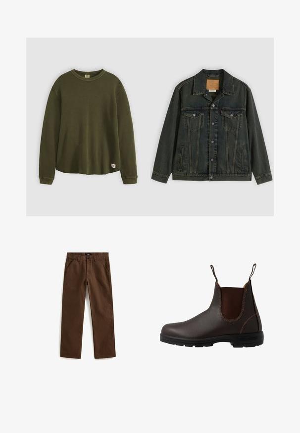 Mørkegrøn denimjakke med klassisk snit, to brystlommer, metalknapper og et mærkepatch på den indvendige krave.; Oliven grøn langærmet sweater i et tekstureret, ribbet materiale med rund hals, afslappet pasform og et lille mærke nederst på kanten.; Brune bomuldsbukser med lige ben, frontlommer og en sikker knaplukning i taljen. Glat tekstur med et afslappet design.; Brun læder Chelsea-støvle med elastisk sidepanel, brun syning, trækstropper og en holdbar gummisål med et tekstureret mønster.