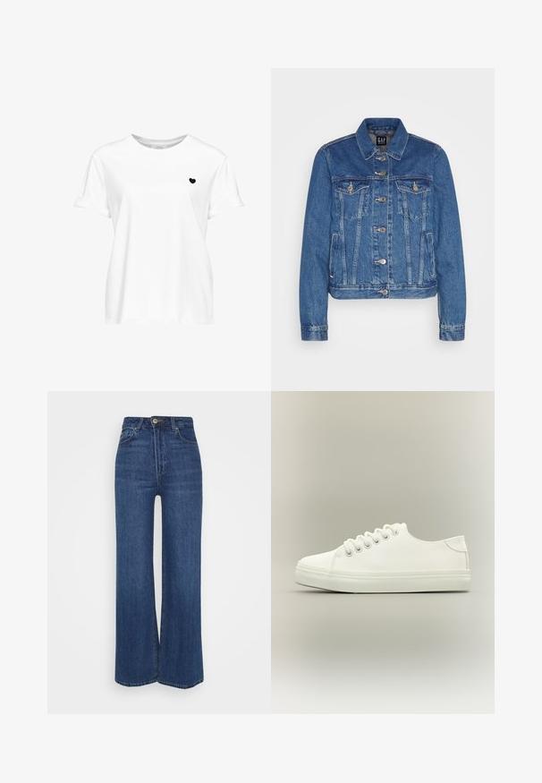 Denimjack in medium blauw met een cropped ontwerp, voorflapzakken, metalen knopen en contrasterende stiksels. Klassieke kraag en lange mouwen.; Wit T-shirt met korte mouwen met een kleine zwarte hartgrafiek op de linkerborst en een ronde hals.; High-waisted wijde jeans gemaakt van donkerblauwe denim met een gladde textuur, voorzien van standaard stiksels en een knoopsluiting.; Witte lage sneaker met witte veters en rubberen zool, zijaanzicht op een neutrale achtergrond.