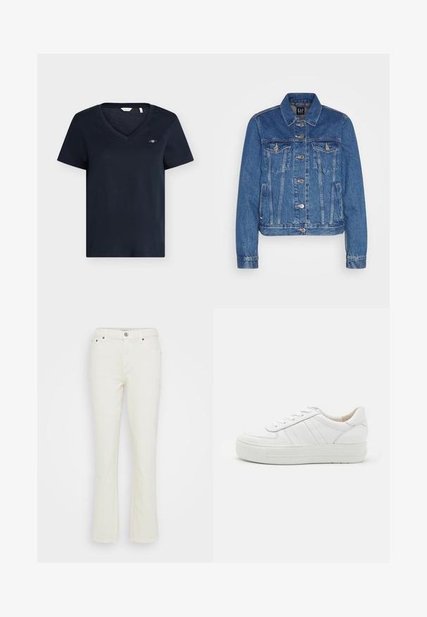Veste en denim bleu moyen avec une coupe courte, poches avant à rabat, boutons en métal et couture contrastante. Col classique et manches longues.; T-shirt bleu marine à manches courtes et col en V avec petit logo brodé sur le côté gauche de la poitrine, design simple, présenté sur un fond uni.; Jean en denim blanc évasés avec une finition texturée, design à cinq poches, fermeture à bouton métallique et détails de couture subtils sur les coutures.; Baskets en cuir blanc avec une tige texturée, un col rembourré et une semelle en caoutchouc plate. Présente des coutures discrètes et un design classique à lacets.