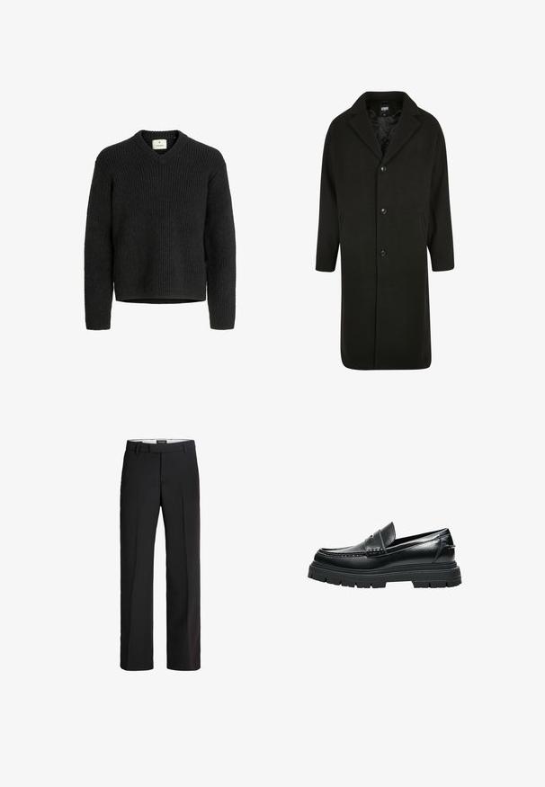 Manteau en laine noire avec col cranté, poche poitrine et deux poches latérales. Doté d'une fermeture à boutons et d'une doublure intérieure lisse.; Pull noir en tricot avec un col en V, texture côtelée, manches longues et ourlet droit. Fabriqué à partir d'un matériau doux et épais.; Pantalon noir avec une coupe ajustée ; présente un devant lisse, deux poches latérales et une texture douce ; fabriqué à partir d'un matériau léger et respirant.; Mocassin en cuir noir avec semelle épaisse à crampons et détail de bride penny, vu de profil sur fond blanc.