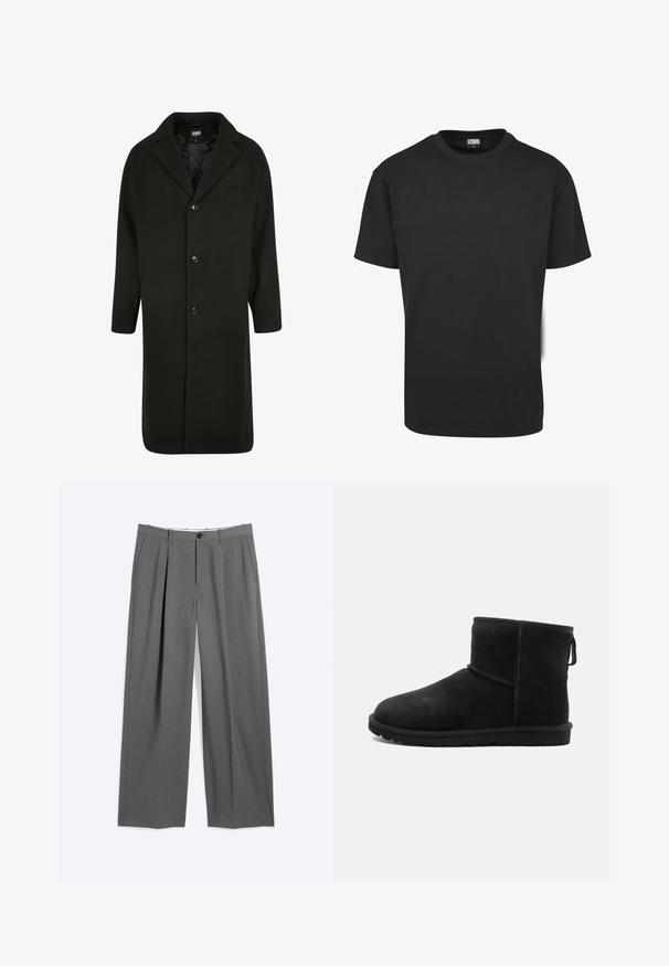 Manteau en laine noire avec col cranté, poche poitrine et deux poches latérales. Doté d'une fermeture à boutons et d'une doublure intérieure lisse.; T-shirt en coton noir à manches courtes, col rond et coupe standard. Le tissu semble lisse et sans décoration.; Pantalon formel gris avec jambes droites, plis à l'avant, poches latérales, passants pour ceinture et fermeture devant par bouton et glissière.; Botte courte en suede noir avec un bout arrondi, des détails de couture minimaux, une languette et une semelle en caoutchouc texturé. Conçue pour la chaleur et le confort.