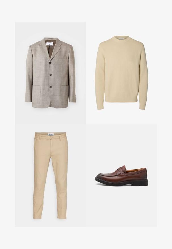 Blazer marron clair en tissu texturé, avec des revers découpés, des boutons à l'avant et deux poches avant. L'étiquette indique "Filippa K."; Pull tricoté beige uni à col rond, manches longues avec poignets et bas côtelés.; Pantalons beiges en tissu à mélange de coton. Équipés d'une fermeture à bouton, de poches avant et d'une coupe slim avec une texture lisse.; Mocassins en cuir marron avec un bout arrondi, des coutures décoratives et une semelle en caoutchouc noire. Texture lisse et détails de conception minimaux.