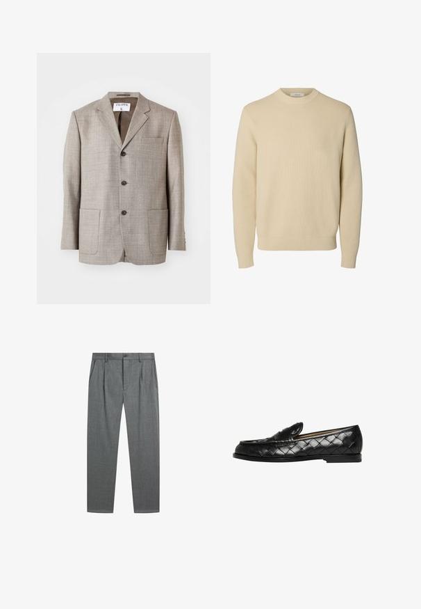 Lys brun blazer med en tekstureret stof, flapskuldre, frontknapper og to forlommer. Mærket lyder "Filippa K."; Enkel beige crewneck striktrøje med lange ærmer og ribstrikkede manchetter og kant.; Grå formelle bukser med frontfolder, sidelommer, bæltestropper og knaplukning i taljen mod en hvid baggrund.; Sorte læderloafers med vævet tekstur, rund tå og flad gummisål. Har en dekorativ rem tværs over vristen.