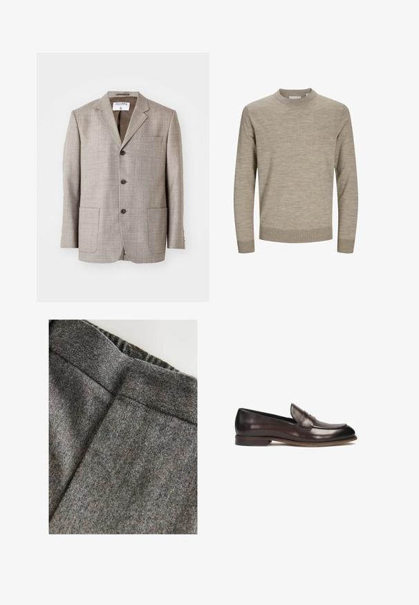 Lichtbruine blazer met een gestructureerde stof, met gekartelde revers, voorknopjes en twee voorkruiszakken. Label zegt "Filippa K."; Beige lange mouw trui met ronde hals, geribbelde manchetten en zoom, weergegeven op een witte achtergrond.; Grijze wollen mix broek met een soepele textuur, voorzien van een brede tailleband en een cleane, klassieke snit. Subtiele kleurvlekken aanwezig.; Donkerbruine leren loafers met een ronde neus, verhoogde stiksels en een lichte hak. Gladde textuur en klassiek ontwerp.