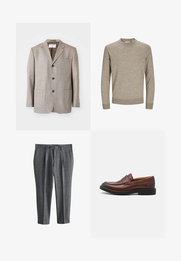 Lys brun blazer med en tekstureret stof, flapskuldre, frontknapper og to forlommer. Mærket lyder "Filippa K."; Beige langærmet rundhalset sweater med ribstrikkede ærmekanter og kant, vist på hvid baggrund.; Grå skræddersyede herrebukser med frontknap og lynlås, sidelommer og lige ben pasform.; Brune læder loafers med rund tå, dekorativ syning og sort gummisål. Glat tekstur og minimale design detaljer.