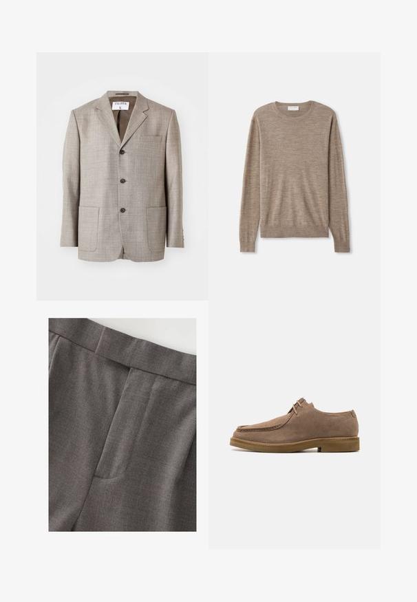 Hellbrauner Blazer aus strukturiertem Stoff, mit Reverskragen, vorderen Knöpfen und zwei vorderen Taschen. Etikett trägt die Aufschrift "Filippa K."; Beiger Pullover aus feinem Strickmaterial. Mit Rundhalsausschnitt, langen Ärmeln und gerippten Bündchen sowie Saum. Einfaches und zeitloses Design.; Graue maßgeschneiderte Hosen mit glatter Textur, gerader Form und einem dezenten Fronttaschendetail. Der Bund ist ordentlich verarbeitet.; Zign LEATHER - Sportlicher Schnürer - taupe