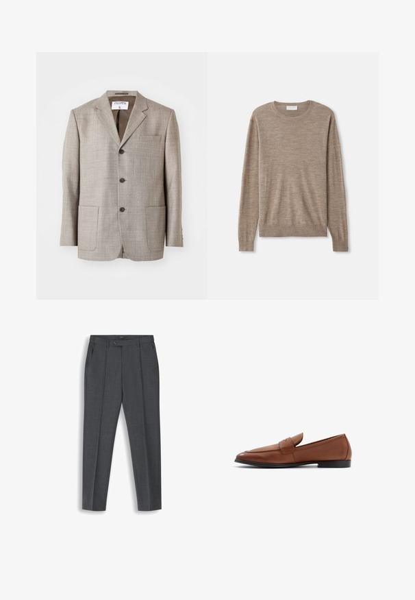 Blazer marron clair en tissu texturé, avec des revers découpés, des boutons à l'avant et deux poches avant. L'étiquette indique "Filippa K."; Pull beige en maille fine. Il a un col rond, des manches longues et des poignets et un ourlet côtelés. Design simple et classique.; Pantalon homme gris foncé ajusté avec plis sur le devant, passants de ceinture, poches latérales et fermeture de la taille par bouton.; Mocassins en cuir marron avec une silhouette basse, un bout rond et des détails en couture sur le devant. Semelle noire solide avec une finition lisse.