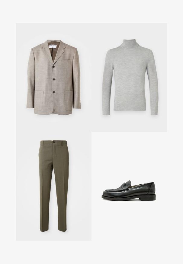Lys brun blazer med en tekstureret stof, flapskuldre, frontknapper og to forlommer. Mærket lyder "Filippa K."; Lys grå langærmet turtleneck sweater med fin strik, vist på en neutral hvid baggrund.; Olivengrønne skræddersyede bukser med en glat overflade, lige bendesign, enkelt foretrukket knap og sidelommer for funktionalitet.; Sort læder loafers med en struktureret sort læderdetalje, rund tå og en lav blokhæl; har en dekorativ metal detalje.