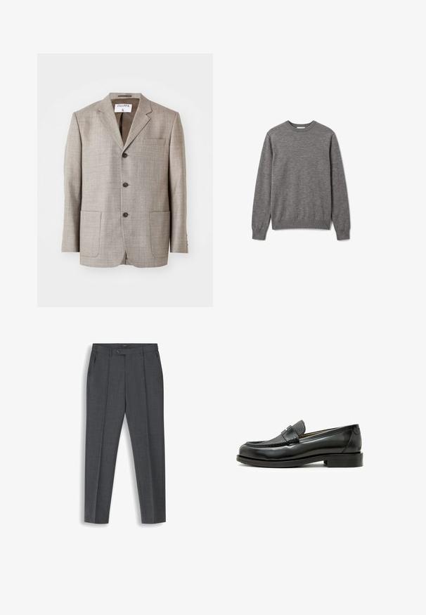 Blazer marron clair en tissu texturé, avec des revers découpés, des boutons à l'avant et deux poches avant. L'étiquette indique "Filippa K."; Pull gris pour homme à manches longues et col rond, avec poignets et ourlet côtelés, orné d'un petit logo discret sur la poitrine gauche.; Pantalon homme gris foncé ajusté avec plis sur le devant, passants de ceinture, poches latérales et fermeture de la taille par bouton.; Mocassin en cuir noir avec une pièce en cuir texturé noir, bout rond et petit talon carré ; présente un détail métallique décoratif.