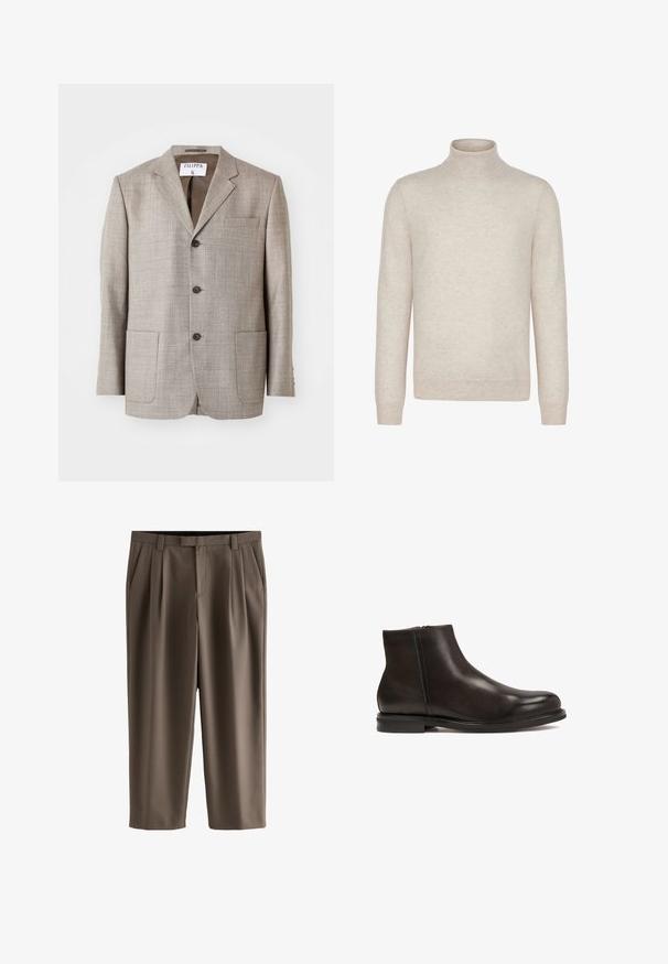 Lys brun blazer med en tekstureret stof, flapskuldre, frontknapper og to forlommer. Mærket lyder "Filippa K."; Beige langærmet rullekrave sweater med ribstrikkede manchetter og kant, vist på hvid baggrund.; Brune korte bukser med bæltestropper, sidelommer, frontlynlås og læg på begge ben.; Sort læder ankelstøvle med en glat tekstur, rund tå og lav hæl. Har en side lynlås for nem påtagning.