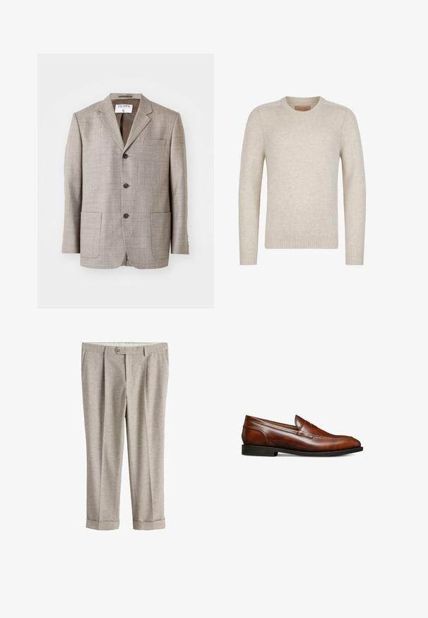 Blazer marron clair en tissu texturé, avec des revers découpés, des boutons à l'avant et deux poches avant. L'étiquette indique "Filippa K."; Pull beige à manches longues, col rond, en tissu tricoté doux avec poignets et ourlet côtelés.; Pantalon beige clair ajusté avec fermeture à boutons, passants pour ceinture, poches latérales et ourlets retroussés.; Mocassins en cuir marron avec un bout arrondi, texture lisse, coutures minimales et un petit talon empilé, présentant un design subtil et élégant.