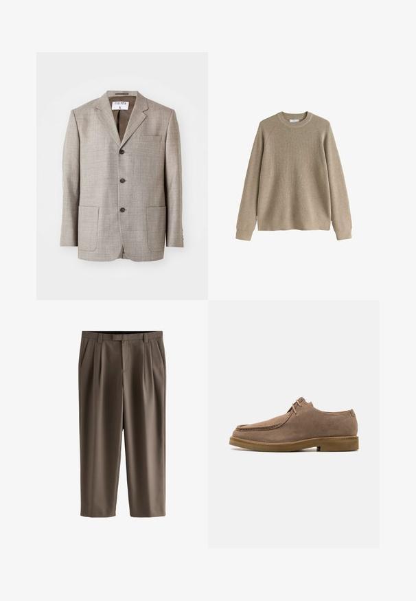 Lys brun blazer med en tekstureret stof, flapskuldre, frontknapper og to forlommer. Mærket lyder "Filippa K."; Beige langærmet strikket trøje med rund hals, ribbet tekstur og manchetter, vist på en hvid baggrund.; Brune korte bukser med bæltestropper, sidelommer, frontlynlås og læg på begge ben.; Zign by Zalando LEATHER - Sporty snøresko - taupe