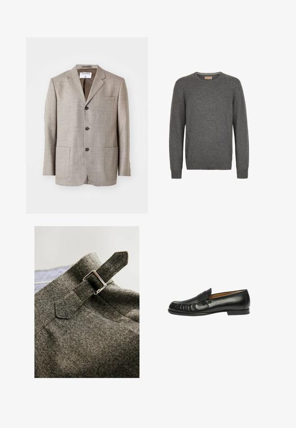 Lys brun blazer med en tekstureret stof, flapskuldre, frontknapper og to forlommer. Mærket lyder "Filippa K."; Mørkegrå langærmet rundhalset sweater lavet af blødt stof med ribstrikkede manchetter og kant mod en hvid baggrund.; Grå tekstureret stof med en spænde rem detalje. Designet har et moderne snit og synlige syninger.; Scarosso FRED - Loafers - black calf
