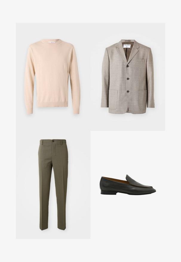 Blazer de color marrón claro con una tela texturizada, solapas muesca, botones frontales y dos bolsillos frontales. La etiqueta dice "Filippa K."; Suéter de punto beige con cuello redondo, mangas largas, puños y bajo acanalados, hecho de una tela suave, que presenta una textura lisa.; Pantalones ajustados color verde oliva con una textura suave, diseño de pierna recta, un botón frontal y bolsillos laterales para mayor funcionalidad.; Mocasín negro de cuero sin cordones con tacón bajo y acabado suave, mostrado de lado sobre un fondo blanco.