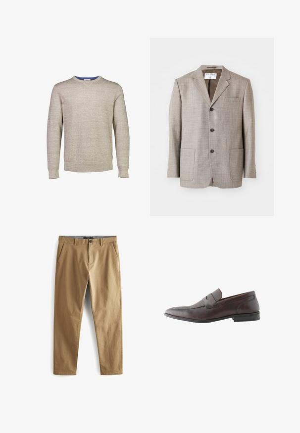Lichtbruine blazer met een gestructureerde stof, met gekartelde revers, voorknopjes en twee voorkruiszakken. Label zegt "Filippa K."; Lichtbeige trui van textuur gebreide stof. Heeft een ronde halslijn met een blauwe accent op de binnenkraag. Lange mouwen.; Next STRETCH - Broek - dark sand; Donkerbruine leren herensloffen met een lage hak en een doorgestikt banddetail over het bovenwerk.